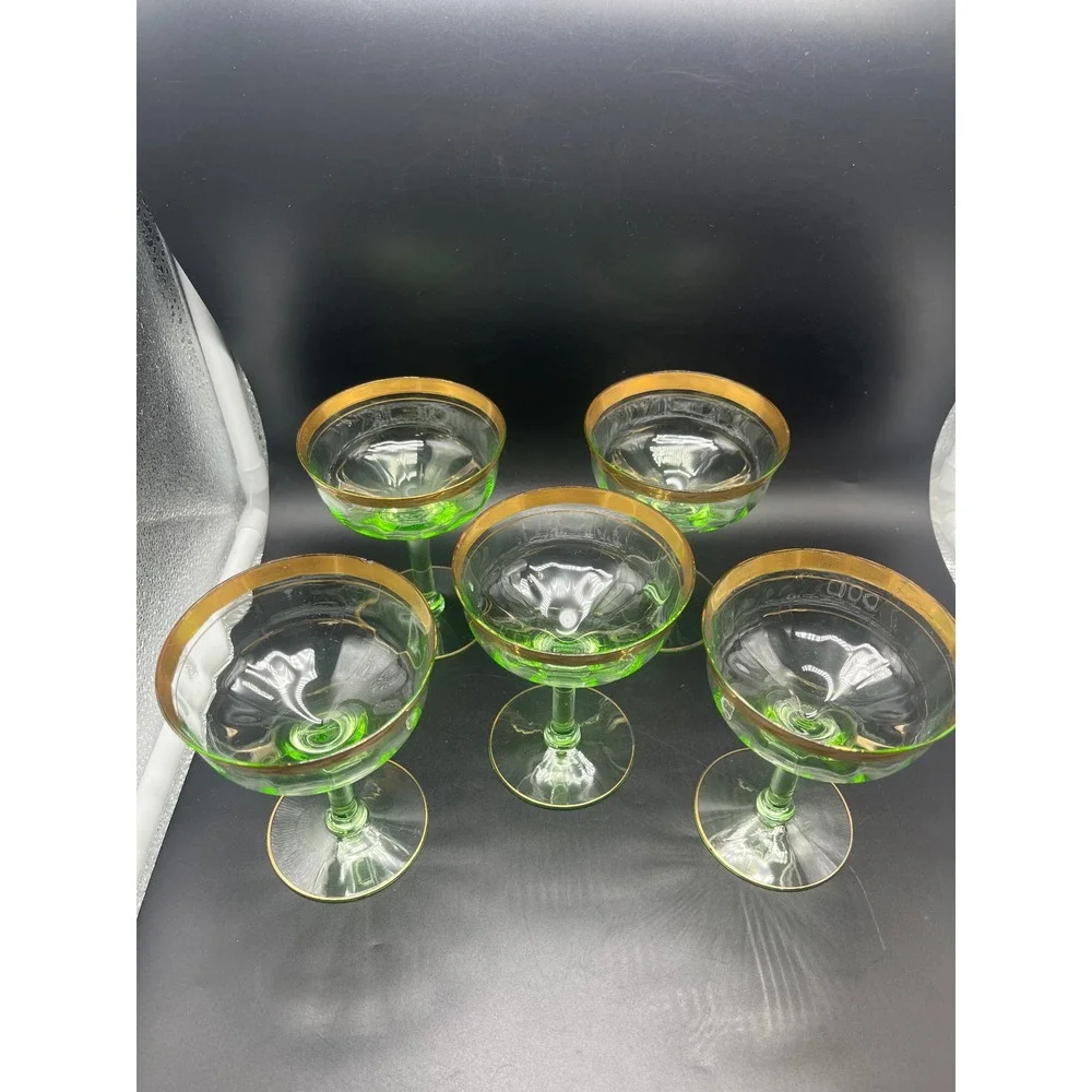 Vtg‎ Gold Rimmed Green Cocktail sherbet Glasses Vaseline Uranium 30's set 5 READ